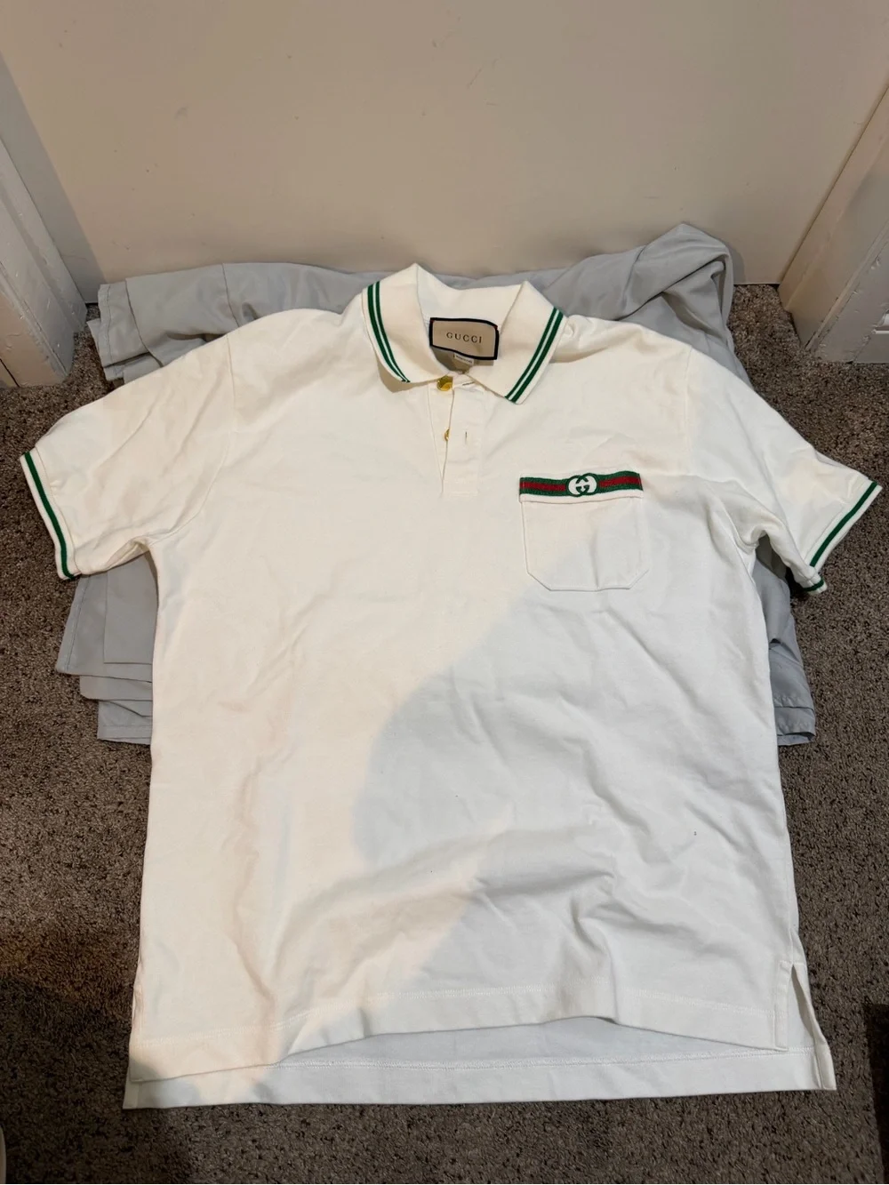 Gucci White Polo with Green Stripe Trim and Chest Web
